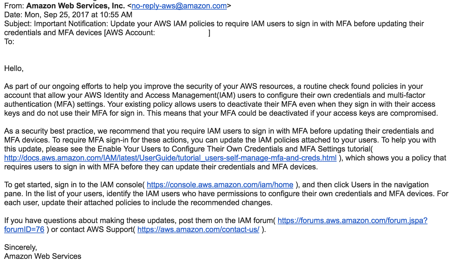 AWS IAM and MFA Policy Update Email