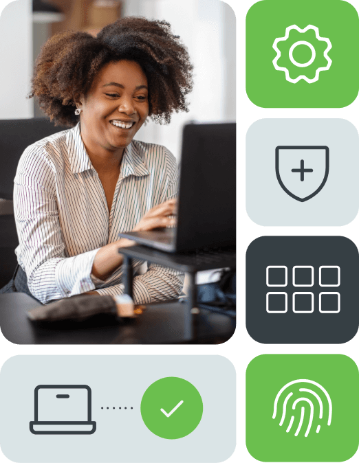 Image group: depicting Duo Advantage in access management. Woman using laptop, gear icon, shield icon, apps icon, fingerprint icon, and an image of a computer and a check mark.
