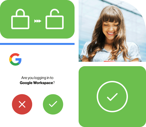 Duo Chrome Enterprise bento images security long in screen, access icon, check mark and woman smiling at log in on phone.