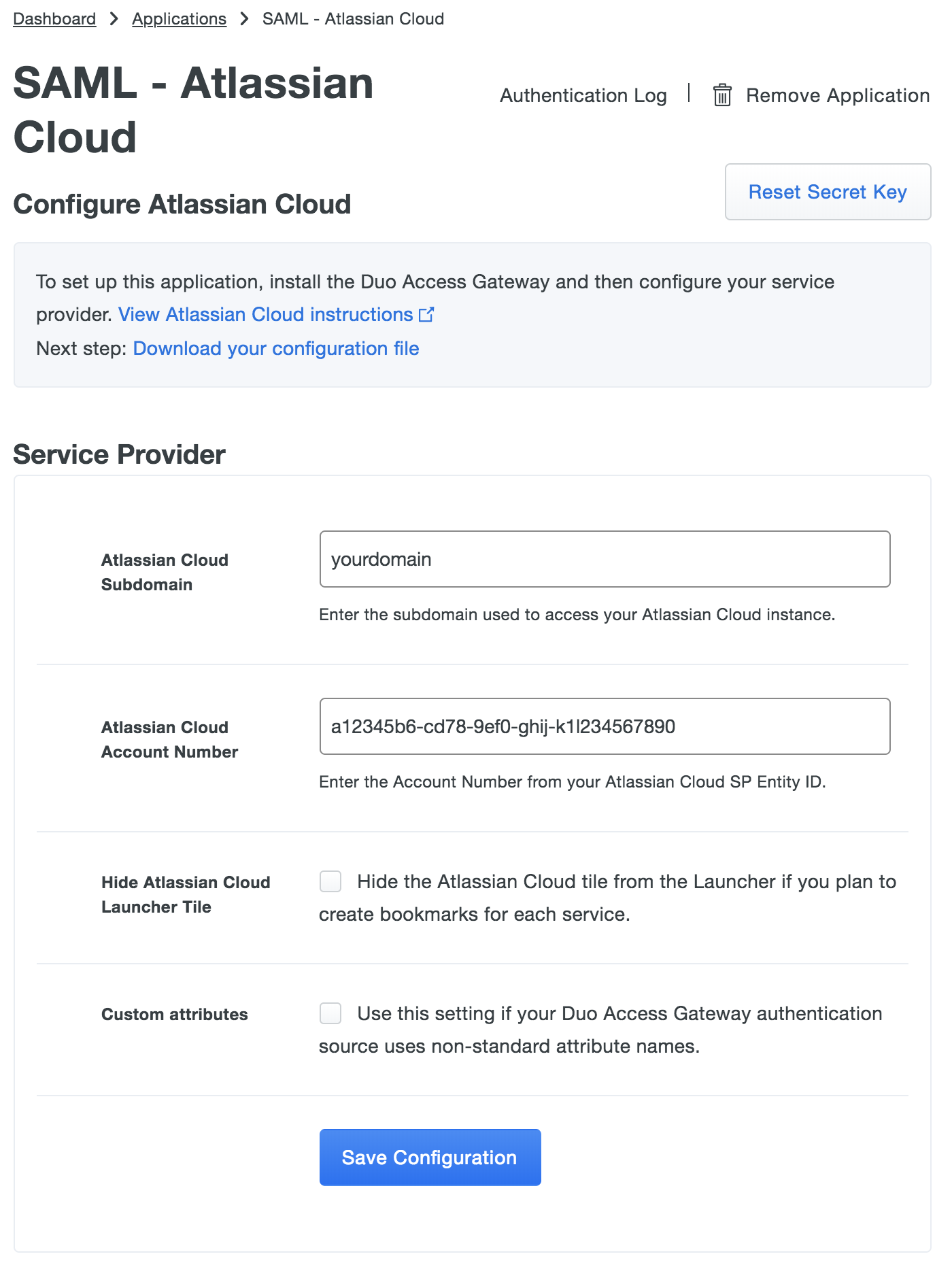 Duo Atlassian Cloud Application Settings
