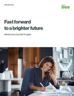Ebook cover: Fast Forward to a brighter future With the Duo MSP Program Photo: woman smiling while working at a desk