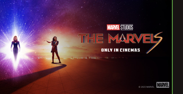 Captain Monica Rambeau, Captain Marvel and Ms. Marvel pose next to text that reads: The Marvels, Only in Cinemas