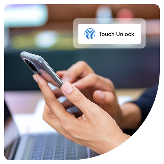 Smartphone showing a Touch Unlock fingerprint prompt for passwordless authentication
