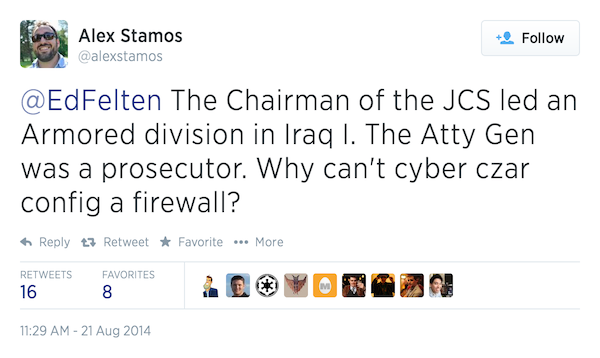 @EdFelten The Chairman of the JCS led an Armored division in Iraq I. The Atty Gen was a prosecutor. Why can't cyber czar config a firewall?
