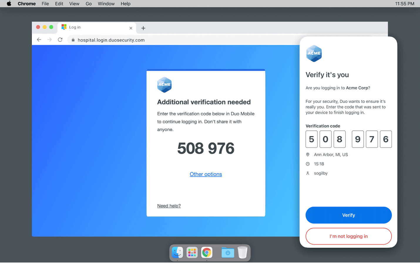 Duo login screen showing verification code entry for additional authentication, with matching code prompt on a Duo Mobile app screen.