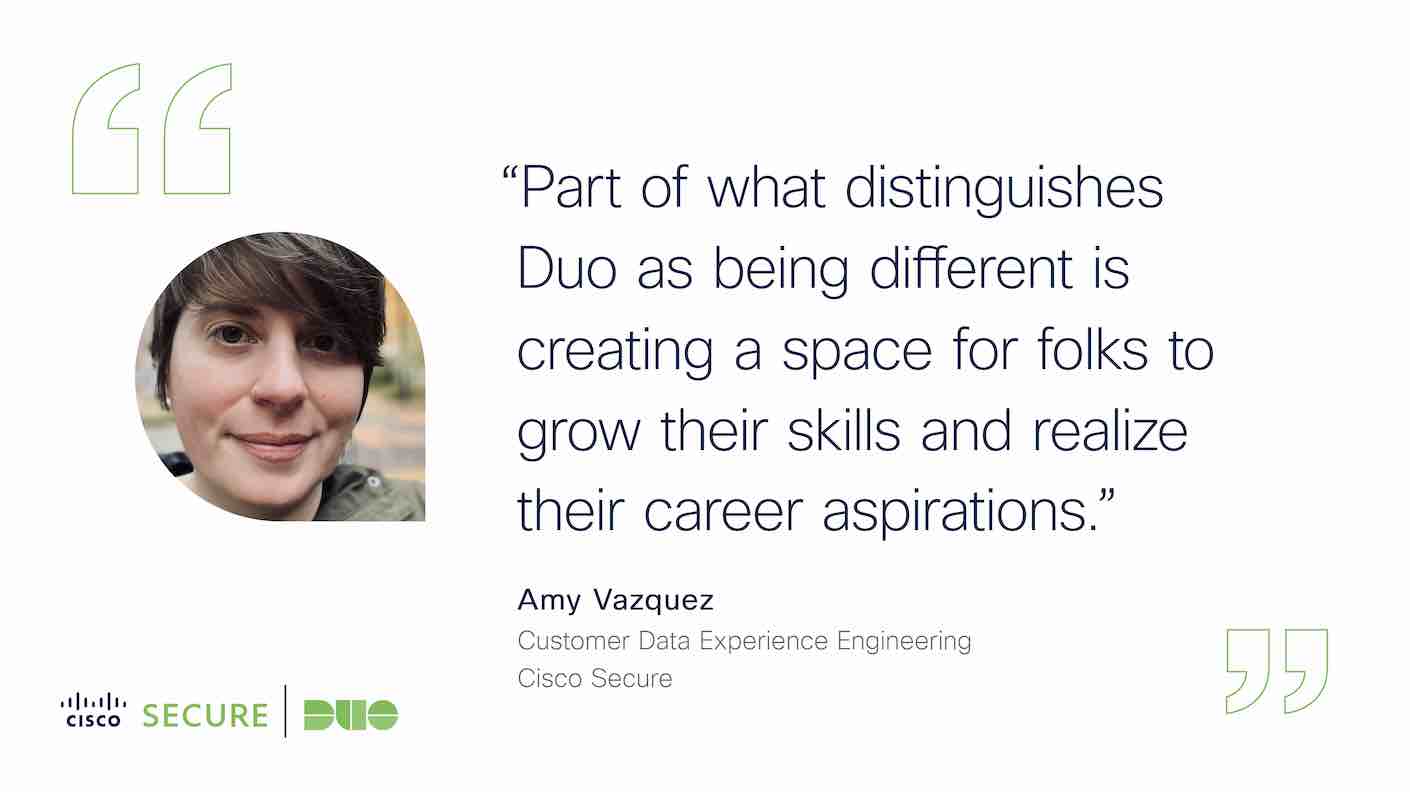 Quote card featuring an image of Amy Vazquez, Customer Data Experience Engineering expert at Cisco Secure. The quote reads: 