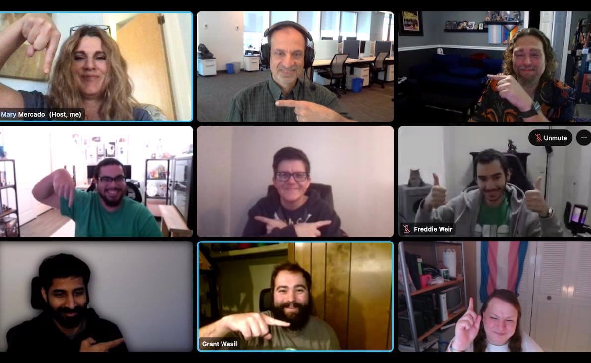 Screenshot of a Webex meeting, showing eight different people smiling and pointing at the edge of their screens, effectively pointing at each other