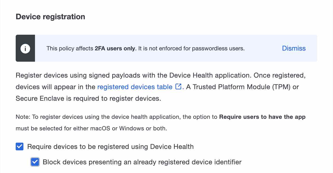 Screenshot showing the Device Health app security options in the Duo device registration screen