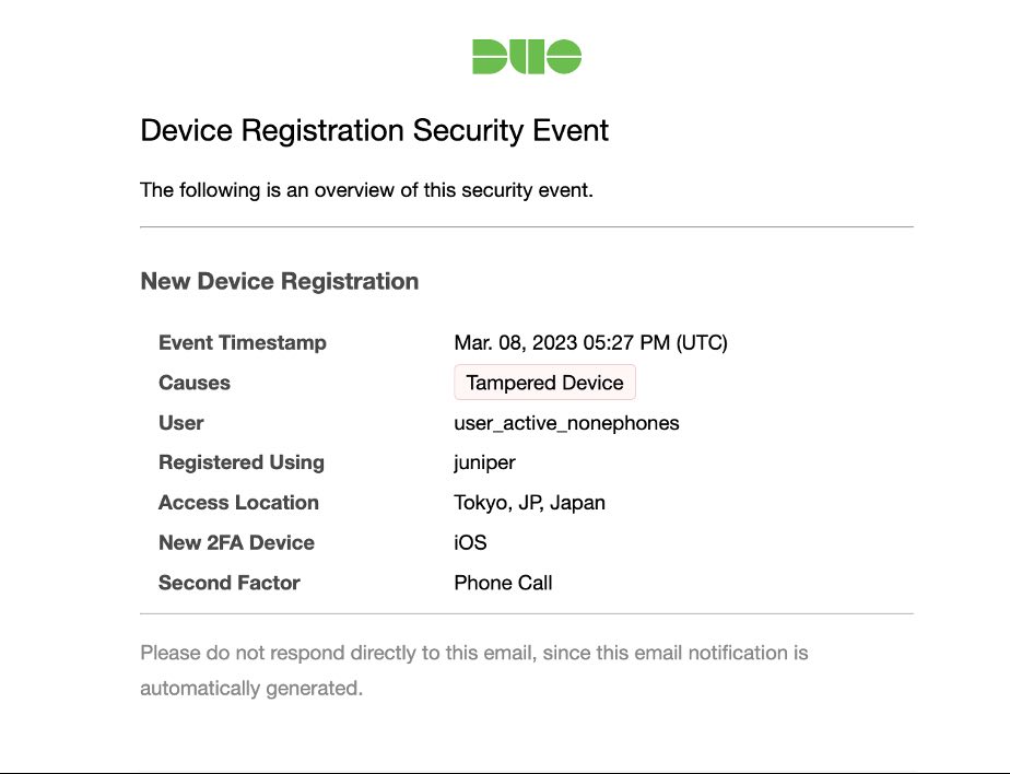 Screenshot of the Device Registration Security Event email