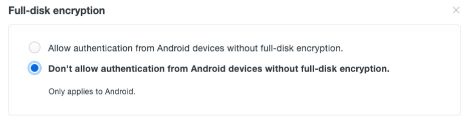 Screenshot of the Duo policy options for full-disk encryption, which are to 