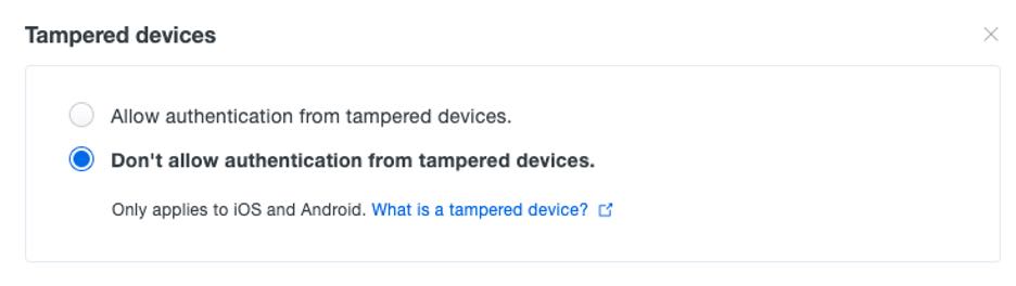 Screenshot of Duo policies for tampered devices, which include 