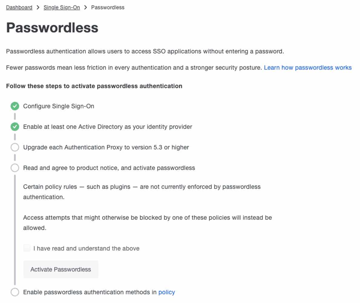 Screenshot from Duo showing the steps to activate passwordless authentication