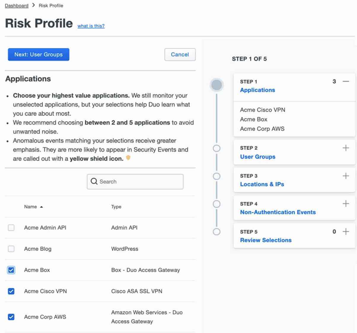 Screenshot of Duo's Risk Profile dashboard