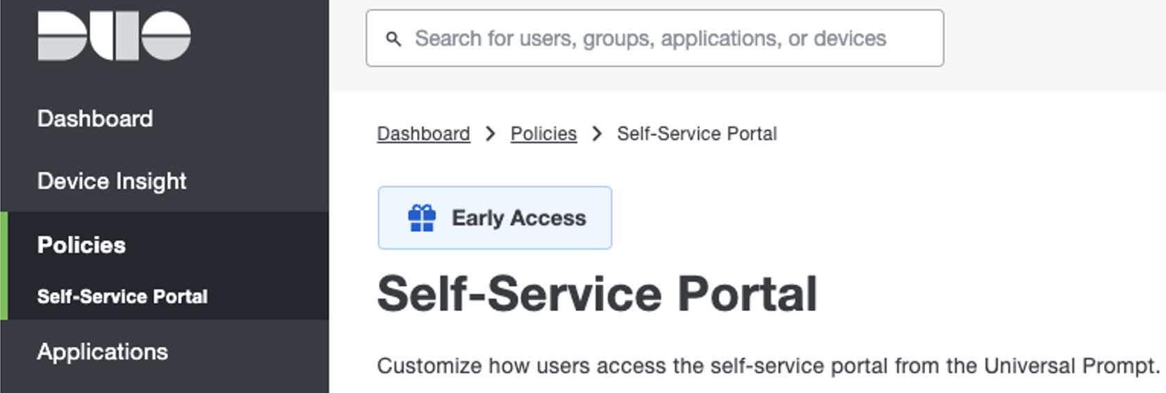 Screenshot of the Self-Service management portal