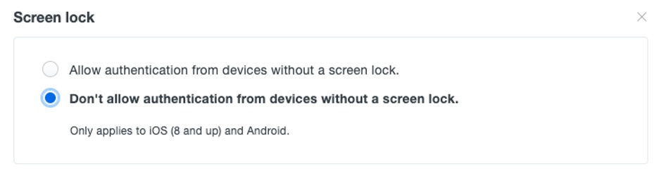 Screenshot of Duo Screen lock policy options. These include, 