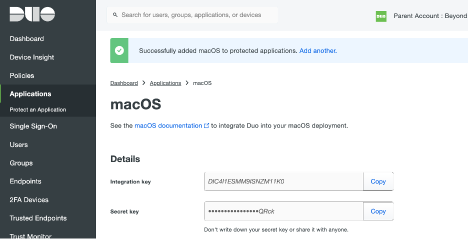 Screengrab of the Duo-MacOS integration window
