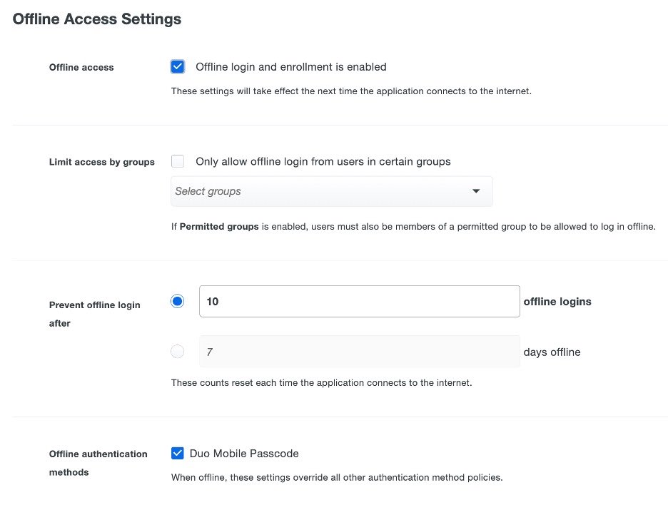 Screenshot showing the Mac offline login settings window
