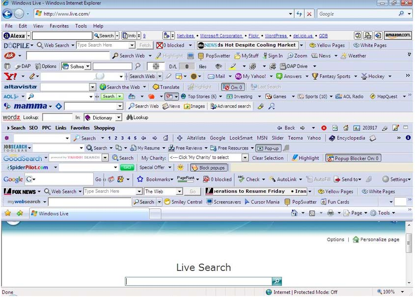 An Internet Explorer browser with toolbar add-ons taking up 75% of the window