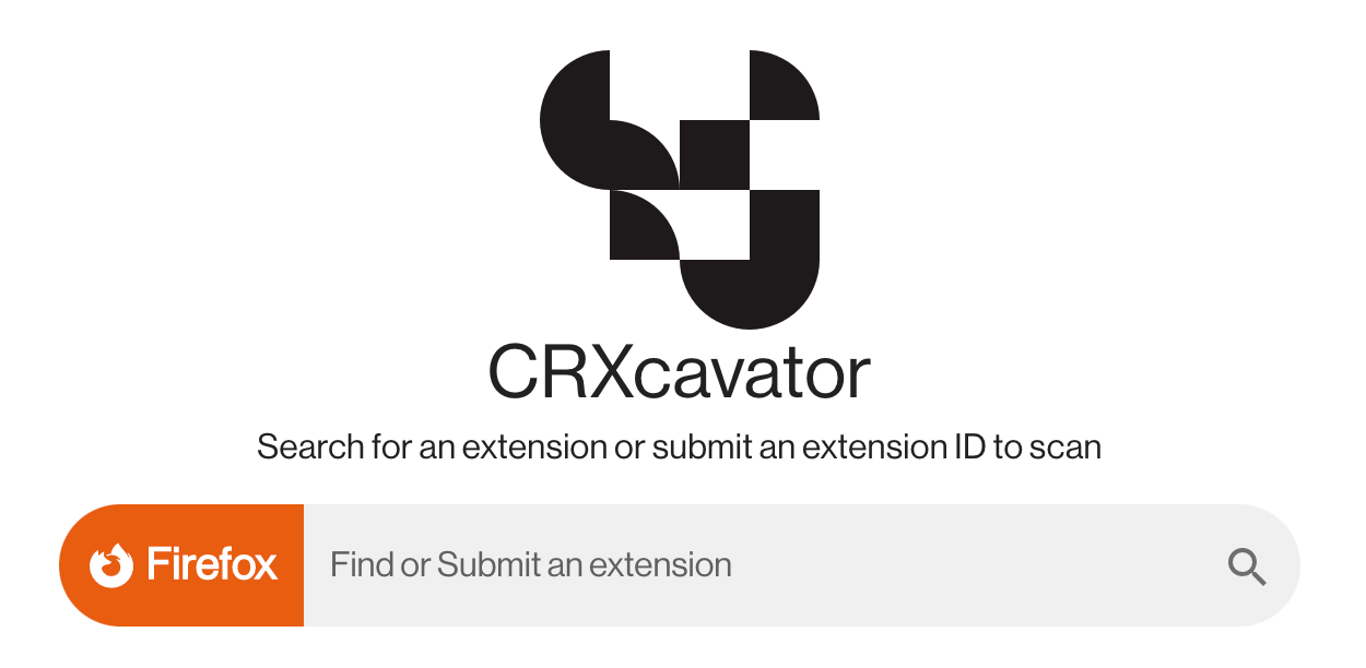 A screenshot of a search on a product called CRXcavator, a Chrome Extension security assessment automation tool
