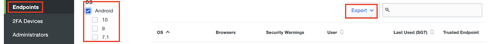 A screen capture with Endpoints, Android and Export options highlighted.