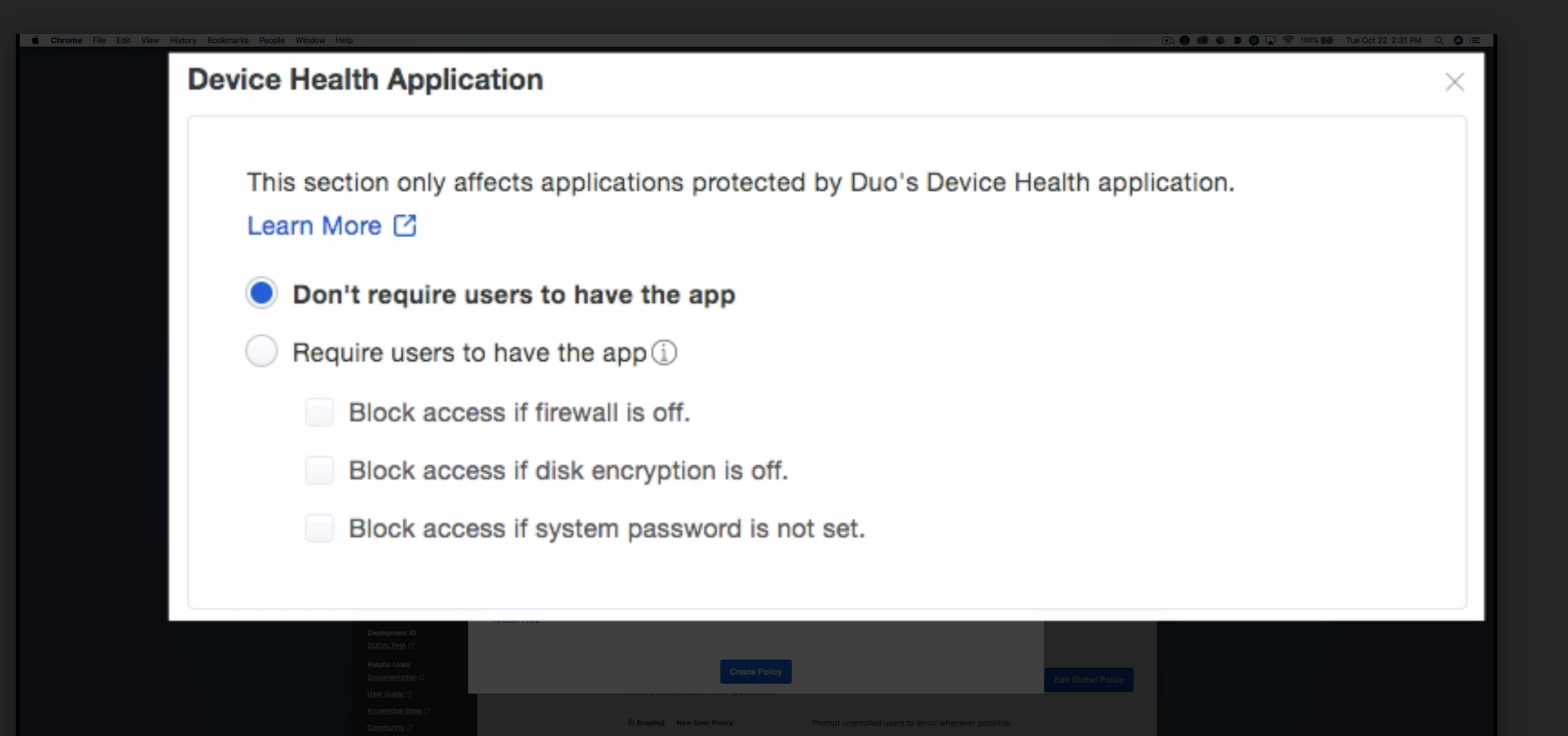 Screen: This section only affects apps protected by Duo's Device Health app, w/ Don't require users to have the app selected.