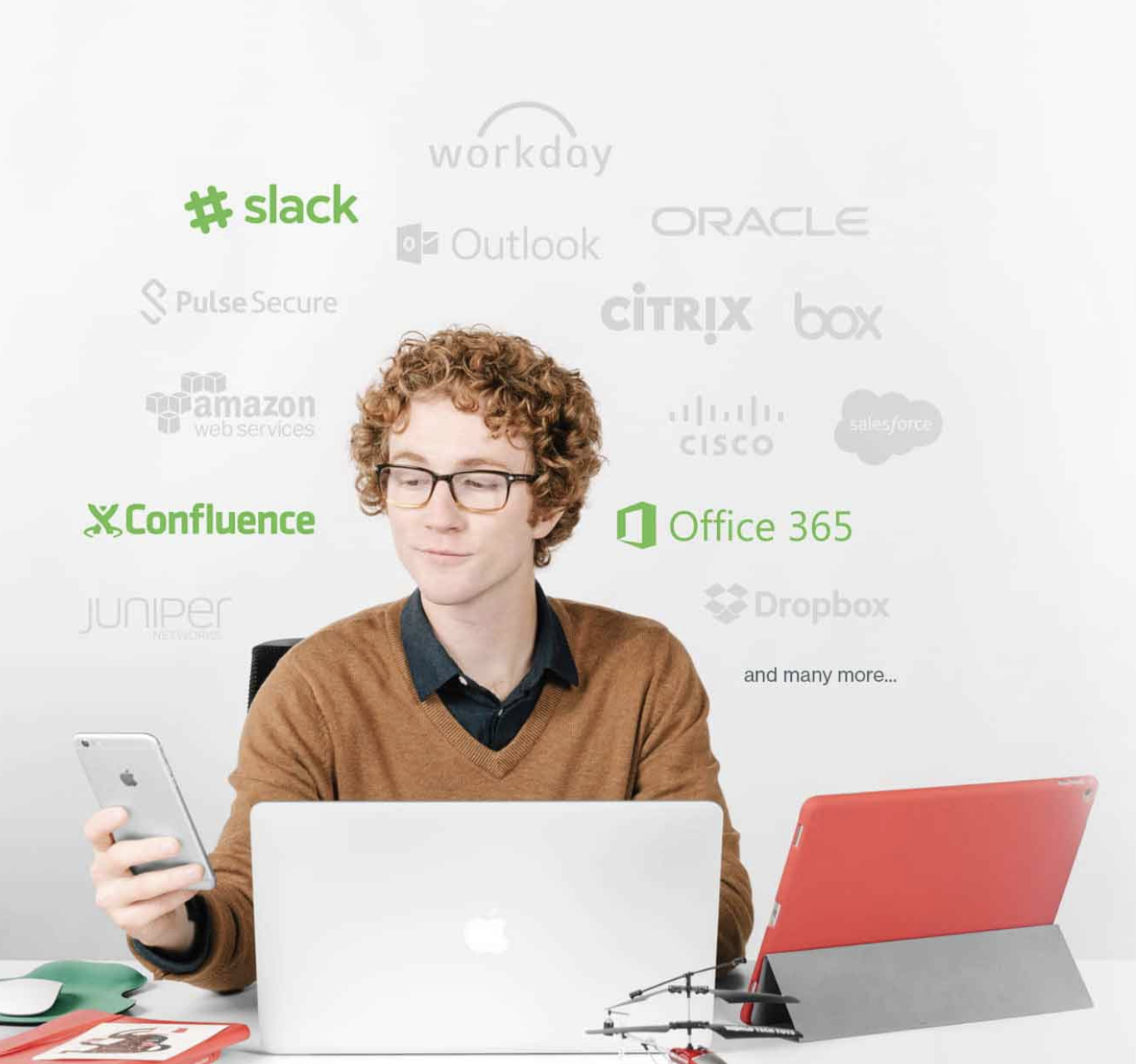 A Duo user accesses tools from tech partners like Slack, Workday, Office 365, Confluence and more through their devices.