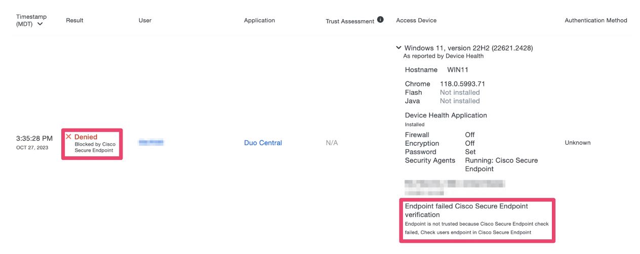 Screenshot of Cisco Secure Endpoint verification failure