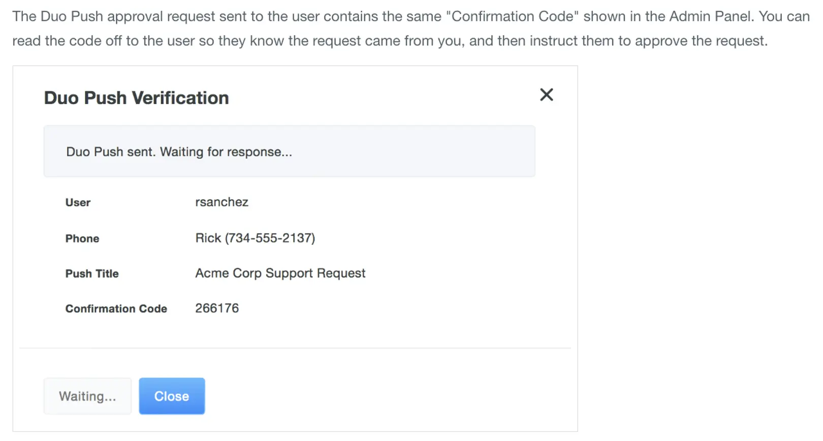 The Duo Push Verification screen, showing the status of the Duo push to admins