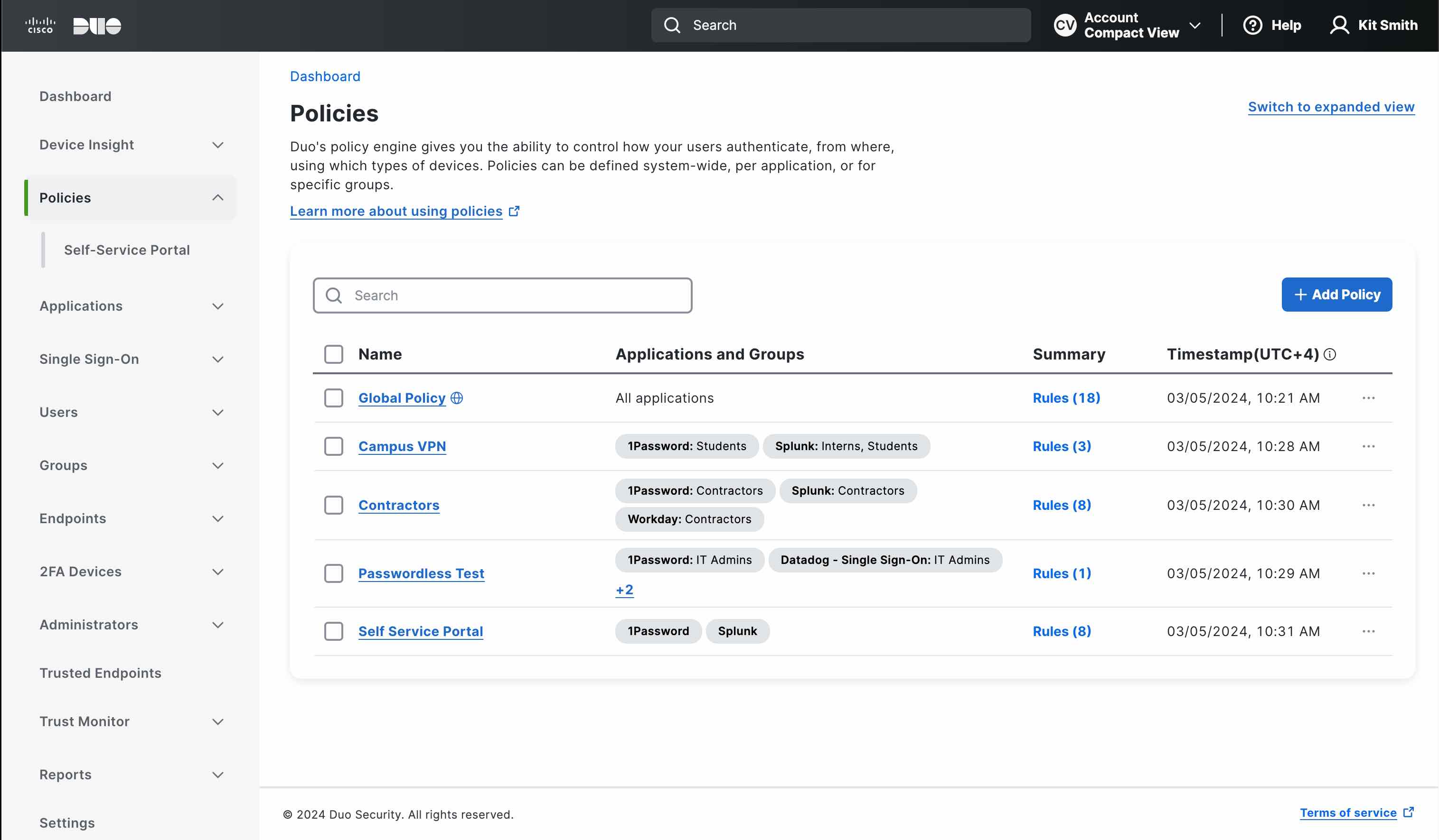 Screenshot of the updated Duo Policies dashboard