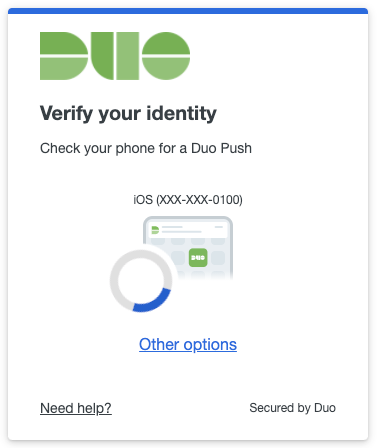 A Duo prompt to Verify Your Identity: Check your phone for a Duo Push.