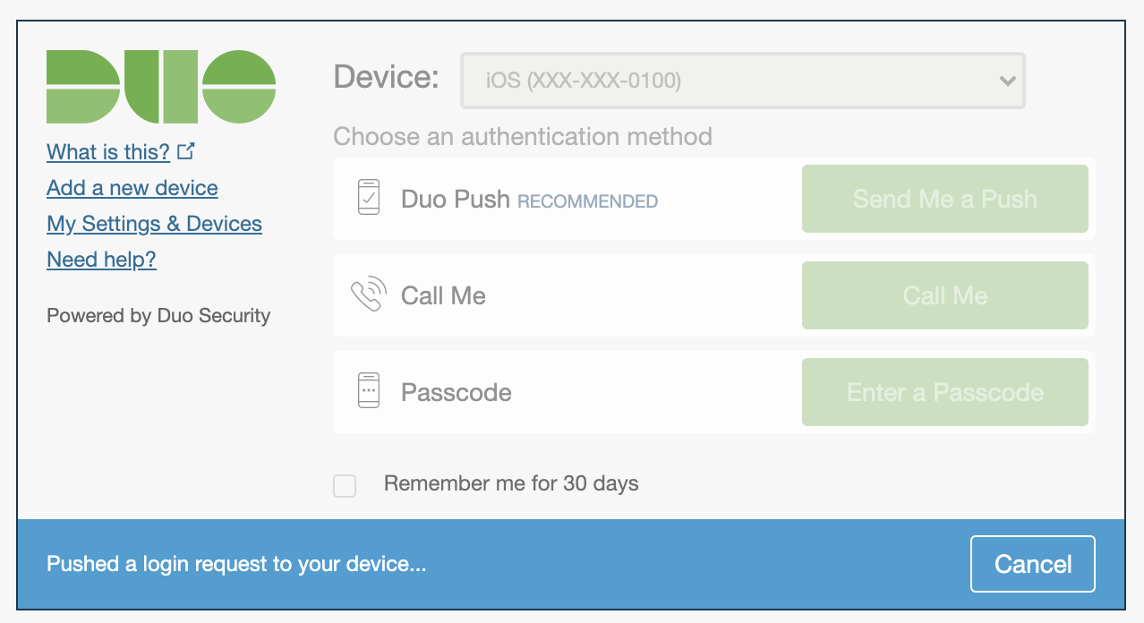 A screen grab of the Duo Prompt with Pushed a login request to your device showing.