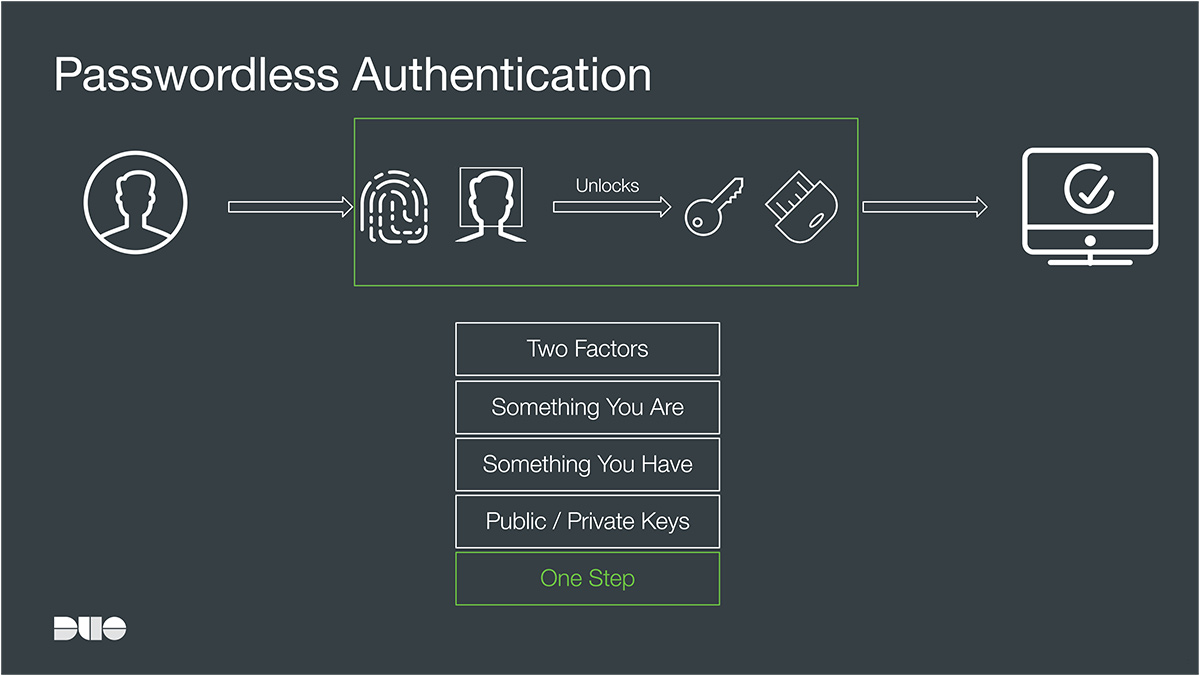 A representation of the passwordless authentication flow, where biometrics unlock keys, which then provide access.