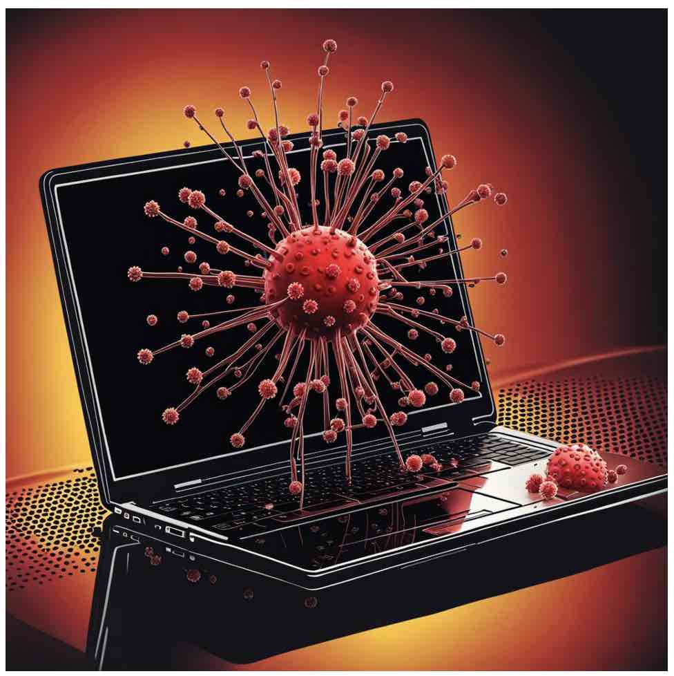 CGI image of a laptop with an infected bug on it