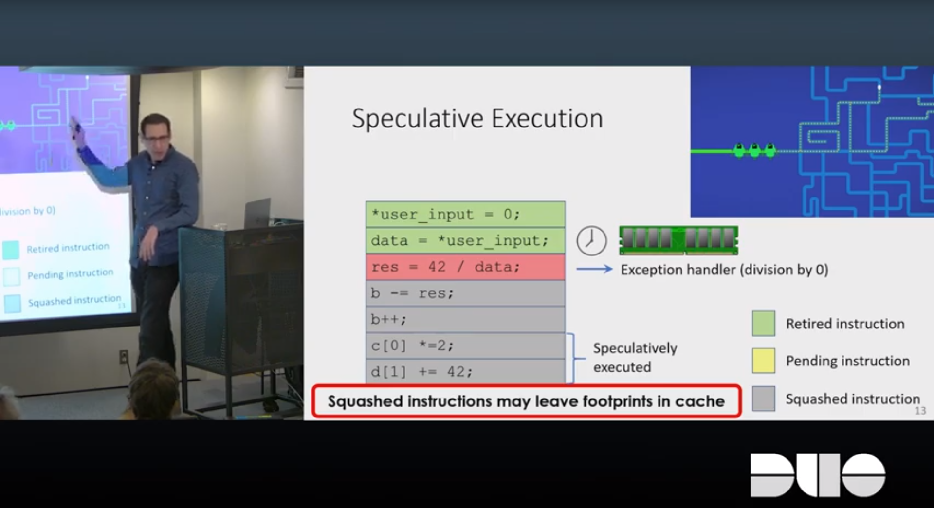 A presentation slide that says Speculative Execution: Squashed instructions may leave footprints in cache.