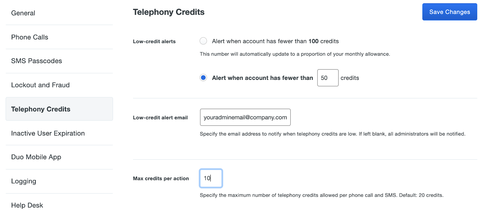 Duo's Telephony Credits tab, with options showing for low-credit alerts, alert email and max credits per action.