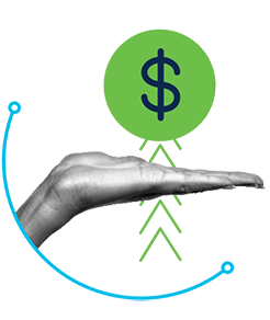 A human hand palm faced upward simulating holding dollar signs to indicate upfront costs
