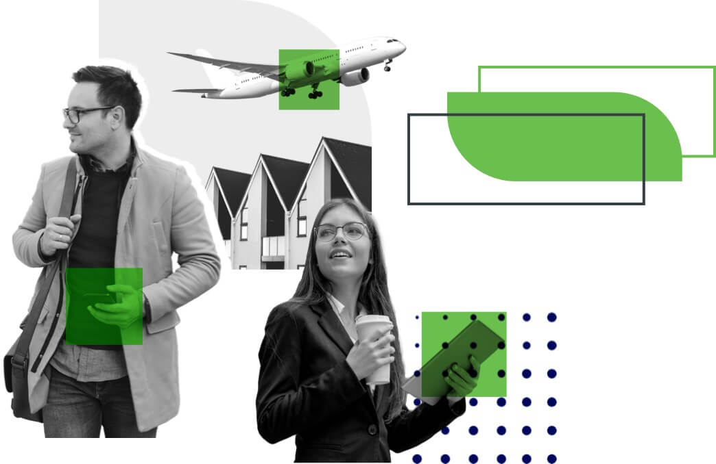 Two people walking with devices and a plane flying over houses, representing trusted users you can verify with Duo.