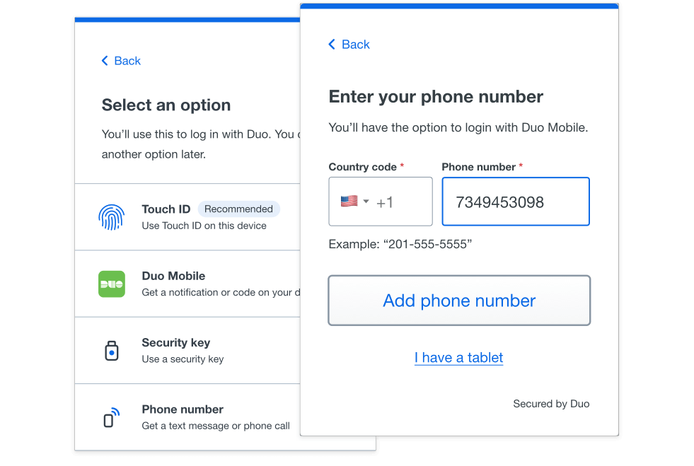 Two screens for Duo's MFA self-enrollment feature. One says Select an option, with options of touch ID, Duo Mobile, security key and phone. The other has the title Enter your phone number.
