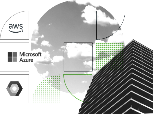 An office building, clouds and logos for AWS and Microsoft Azure, representing secure VPN-less remote access.