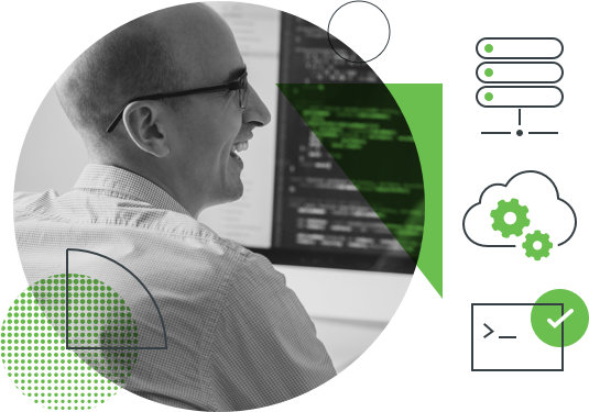 A person smiles in front of a screen & cloud, to-dos & command prompt icons reflecting secure critical infrastructure access.