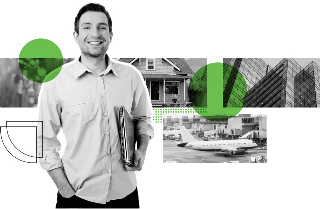 A smiling person holding a laptop, plus a house, an office building and a plane, representing SSO for the modern workforce.