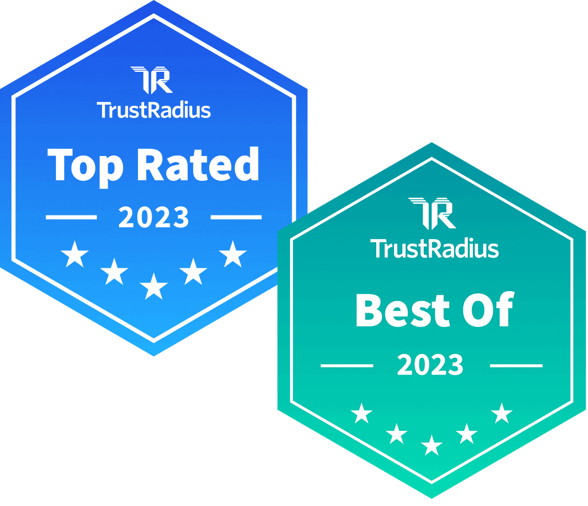 Trust Radius Top Rated award 2023 and Trust Radius Best Of award 2023 badges
