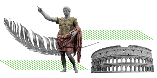 A leaf, a statue and a colosseum to represent the pre-computing era