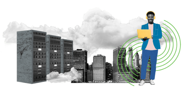 Computer processors and skyscrapers create a city among the clouds to represent computers in modern society
