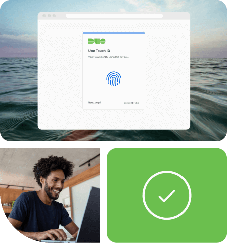 Image group: 1 with Duo fingerprint touch ID icon. Second a person using a laptop. Third Duo green and white checkmark icon.
