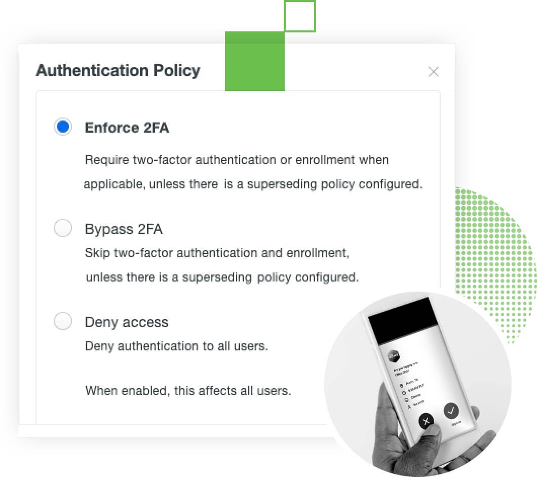 image of Duo authentication choices administrators see on a duo dashboard