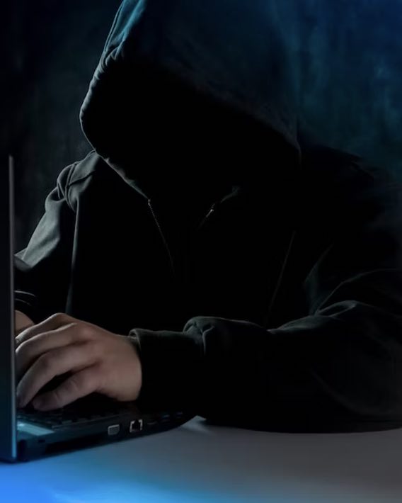 Image of a hooded figure tying at a laptop