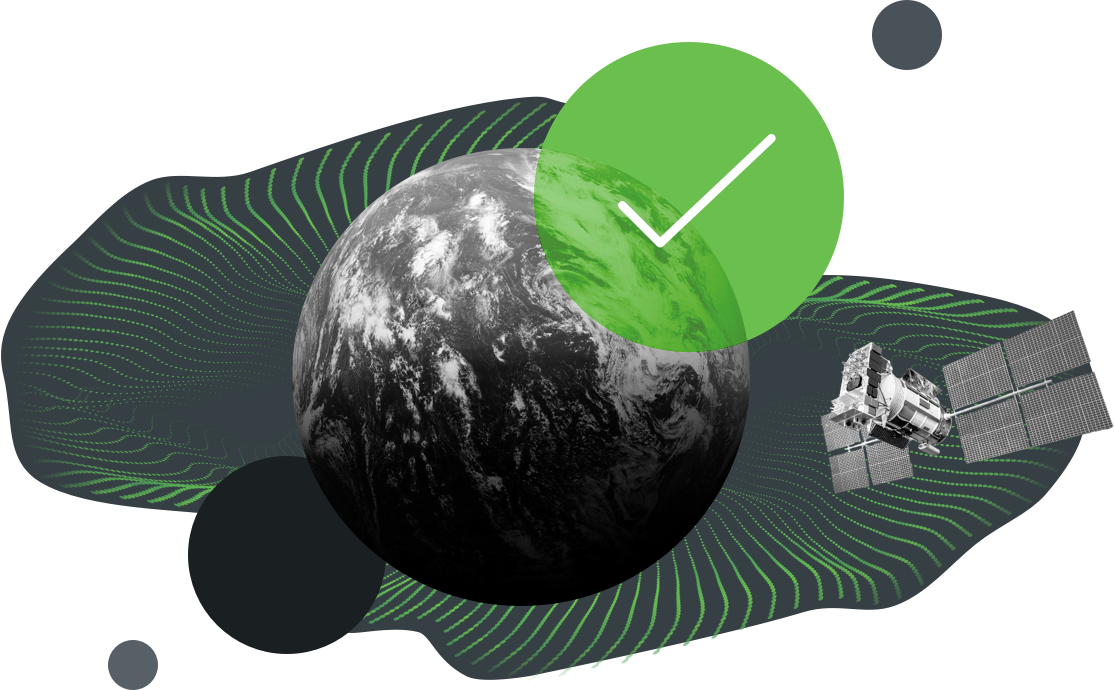A collage of a planet next to a satellite and a large green checkmark.