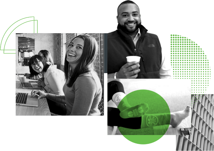 Image collage of people smiling while at work and one person wearing sock with the Duo branding on them