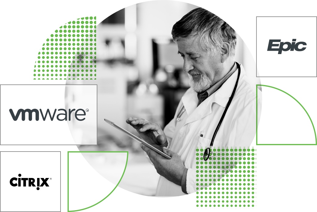 image of a doctor on a mobile device and company logos of software Duo integrates with like Epic, VMware and Citrix